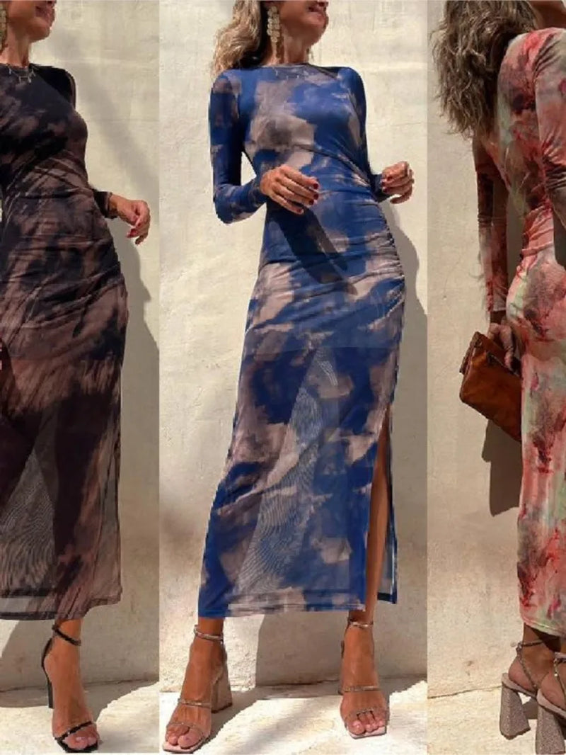 Autumn New Mesh Sexy Printed for Women'S Long Sleeved Dresses Simple Lace Fashion Slim Stretch Female Party Nightclub Dress