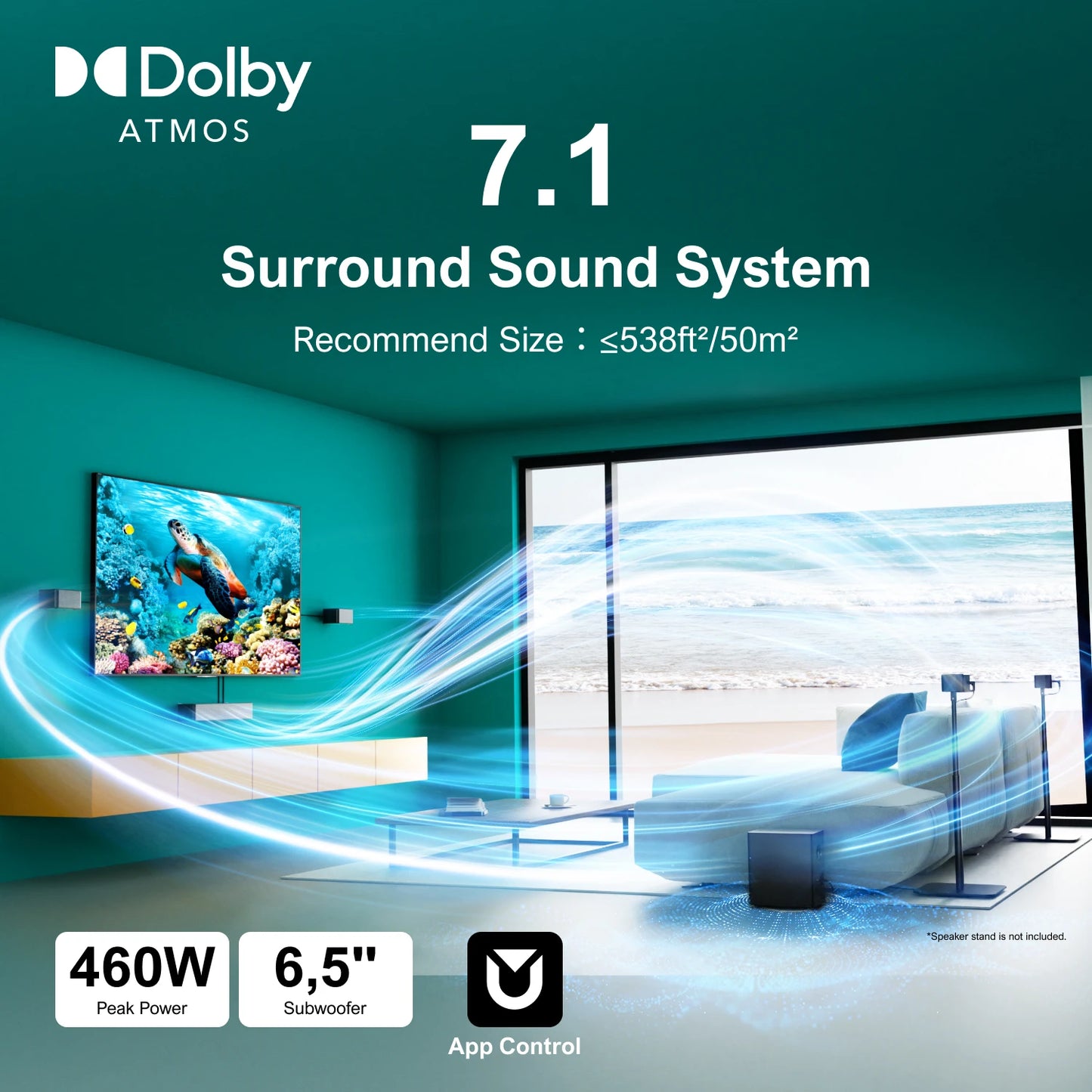 7.1 Surround Sound System for TV with Dolby Atmos, 460W Sound Bar for TV with 6.5" Subwoofer, APP Control