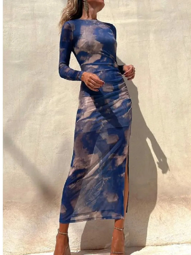 Autumn New Mesh Sexy Printed for Women'S Long Sleeved Dresses Simple Lace Fashion Slim Stretch Female Party Nightclub Dress