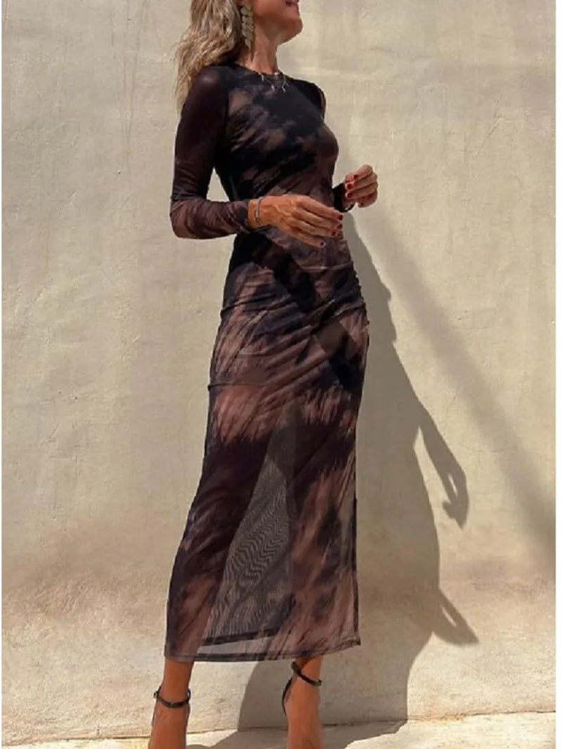 Autumn New Mesh Sexy Printed for Women'S Long Sleeved Dresses Simple Lace Fashion Slim Stretch Female Party Nightclub Dress
