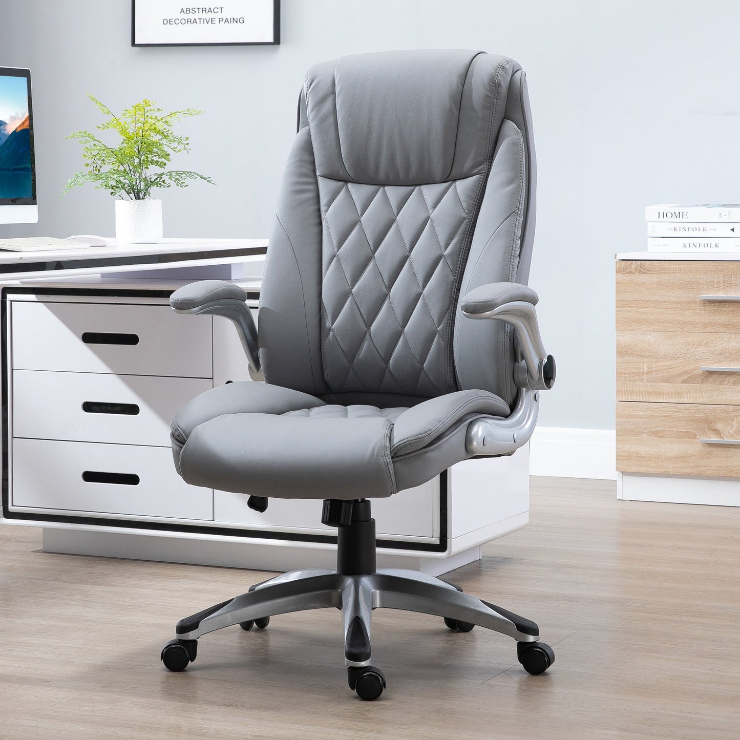 High Back Executive Office Chair Home Swivel PU Leather Ergonomic Chair, with Flip-up Arm, Wheels, Adjustable Height, Grey-1