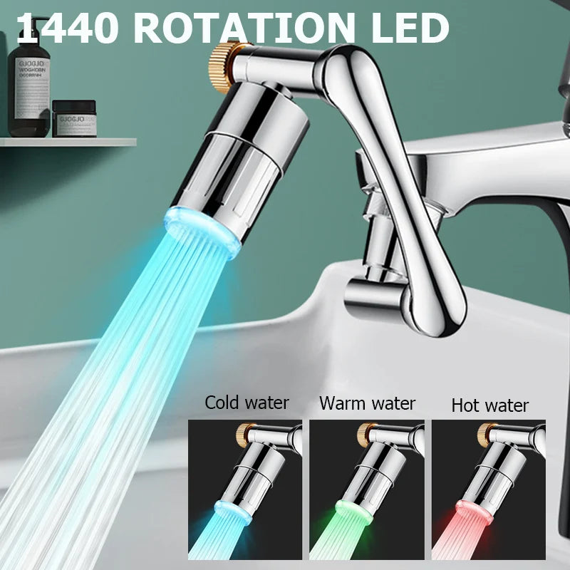 New Universal 3 Colors LED Kitchen Faucet Extender Metal Swivel Bubbler Nozzle 1440° Rotates Temperature Sensor Faucet Extension
