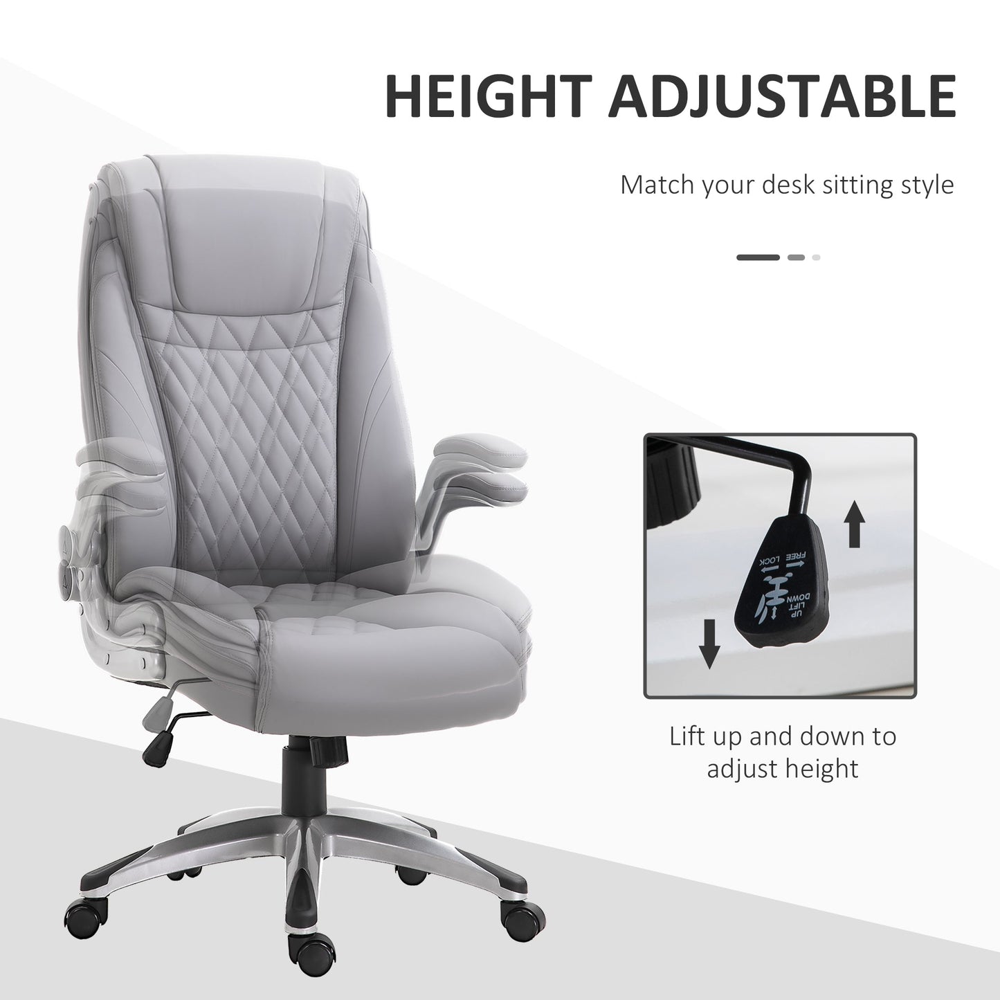 High Back Executive Office Chair Home Swivel PU Leather Ergonomic Chair, with Flip-up Arm, Wheels, Adjustable Height, Grey-3