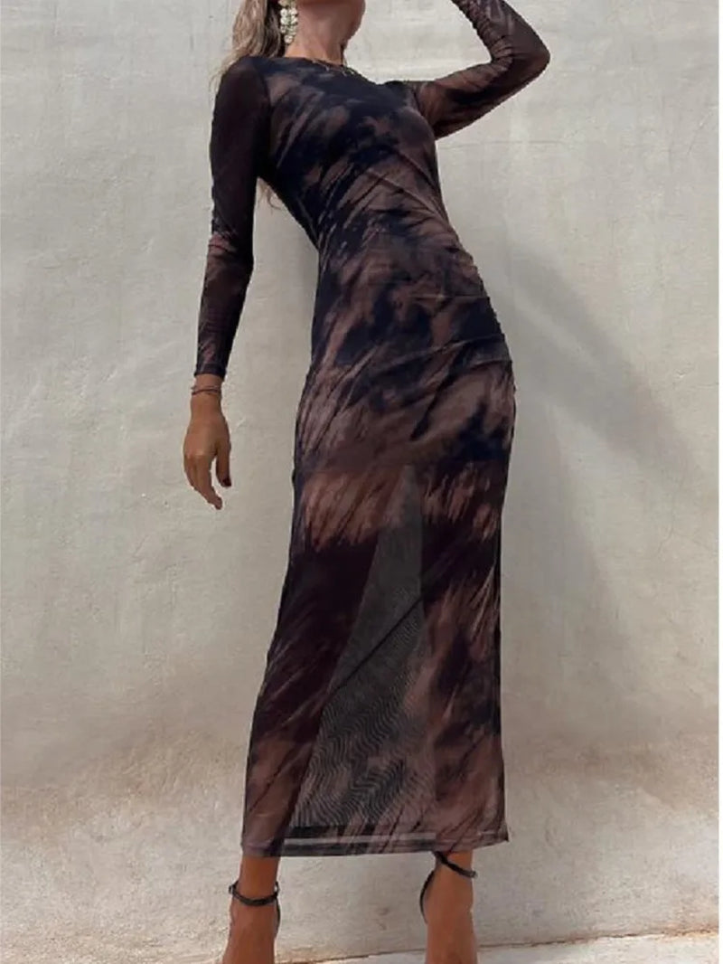 Autumn New Mesh Sexy Printed for Women'S Long Sleeved Dresses Simple Lace Fashion Slim Stretch Female Party Nightclub Dress