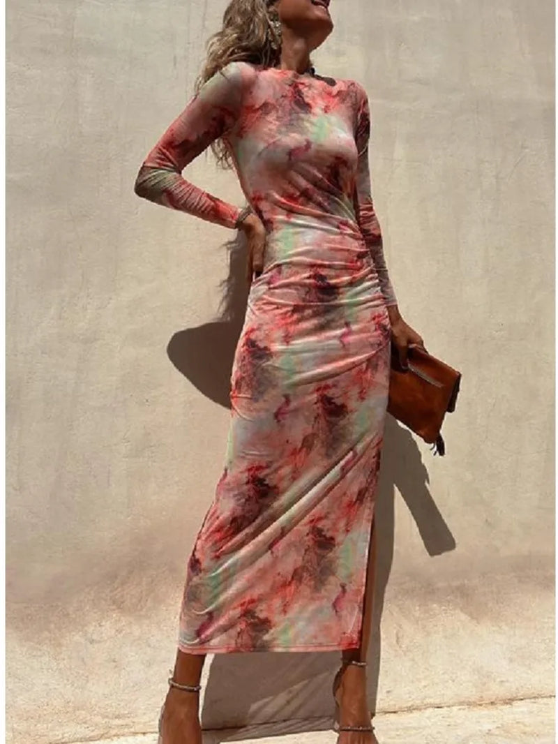 Autumn New Mesh Sexy Printed for Women'S Long Sleeved Dresses Simple Lace Fashion Slim Stretch Female Party Nightclub Dress
