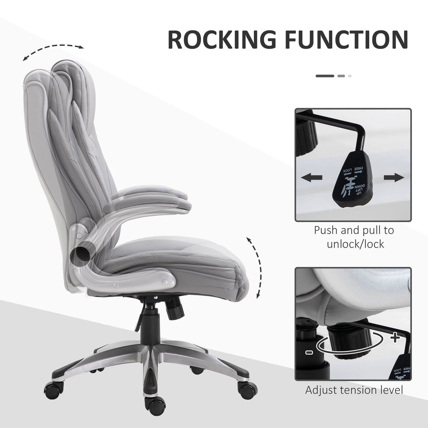 High Back Executive Office Chair Home Swivel PU Leather Ergonomic Chair, with Flip-up Arm, Wheels, Adjustable Height, Grey-4