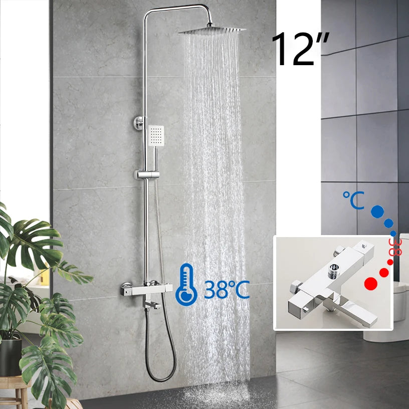 Luxury Chrome Polished Rainfall Wall Mounted Bathroom Shower Faucet Set Adjust Height Handle Shower Mixer Water Tap