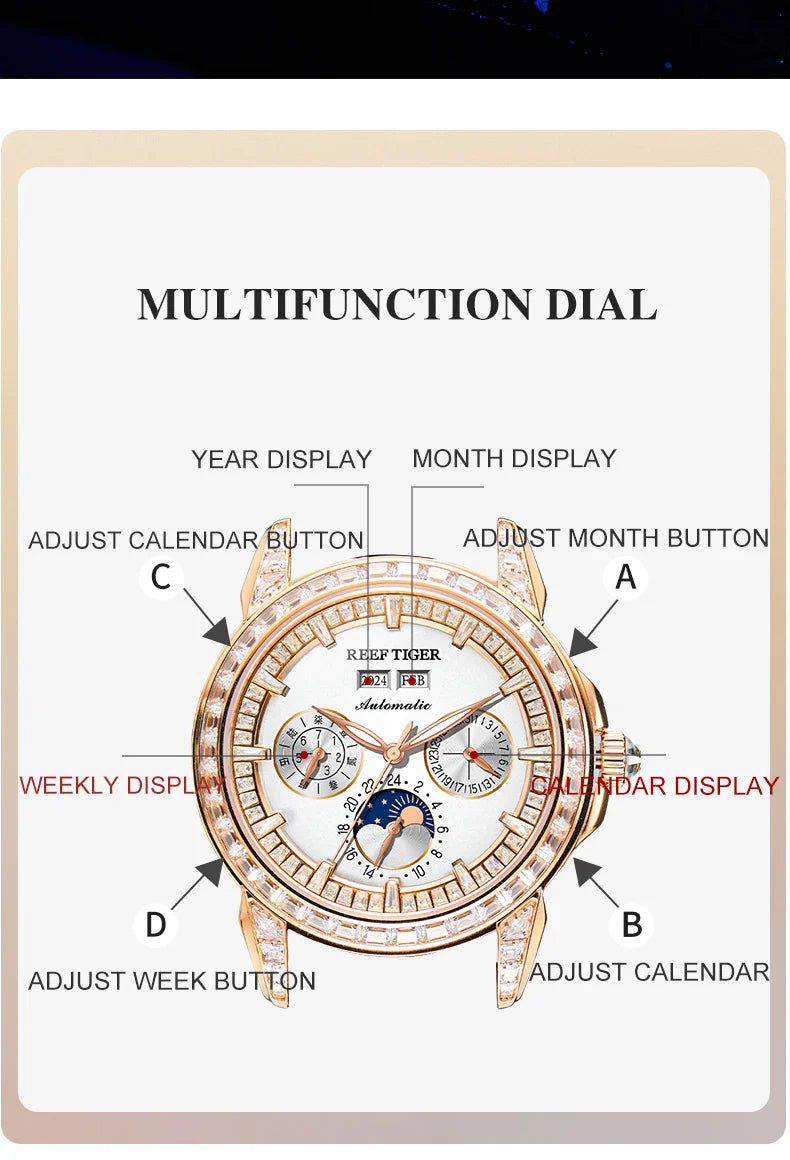 Automatic moonphase  watch by reef tiger diamonds bezel blue dial