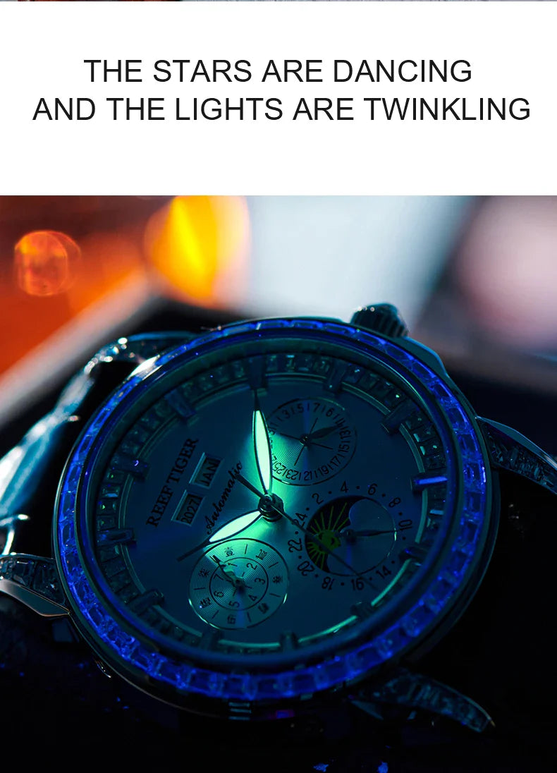 Automatic moonphase  watch by reef tiger diamonds bezel blue dial