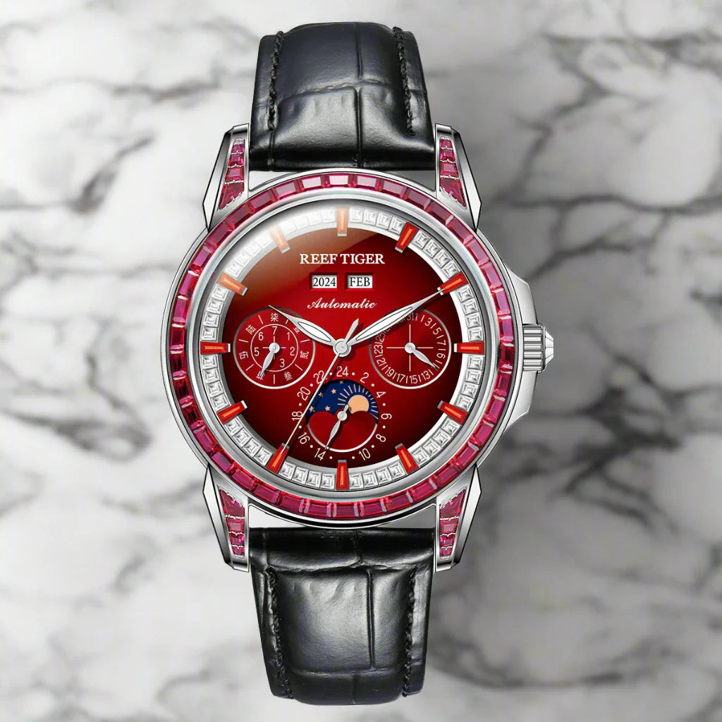 Automatic moonphase  watch by reef tiger diamonds bezel blue dial