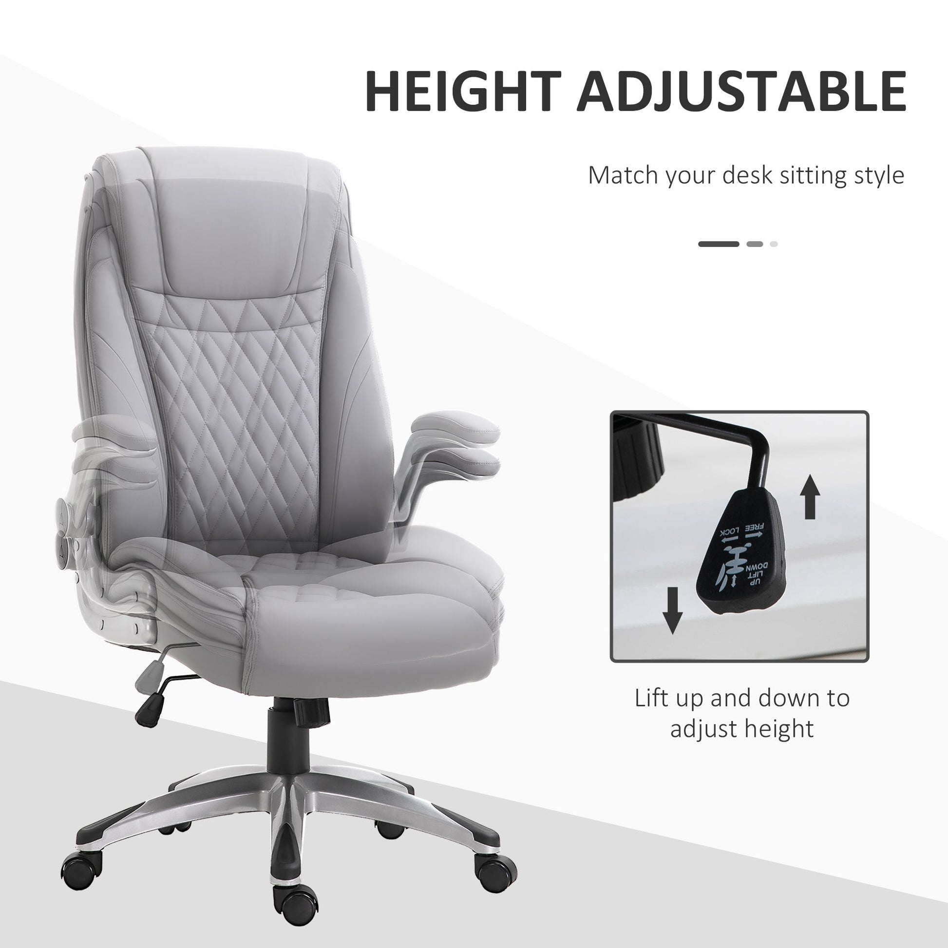 High Back Executive Office Chair Home Swivel PU Leather Ergonomic Chair, with Flip-up Arm, Wheels, Adjustable Height, Grey-3