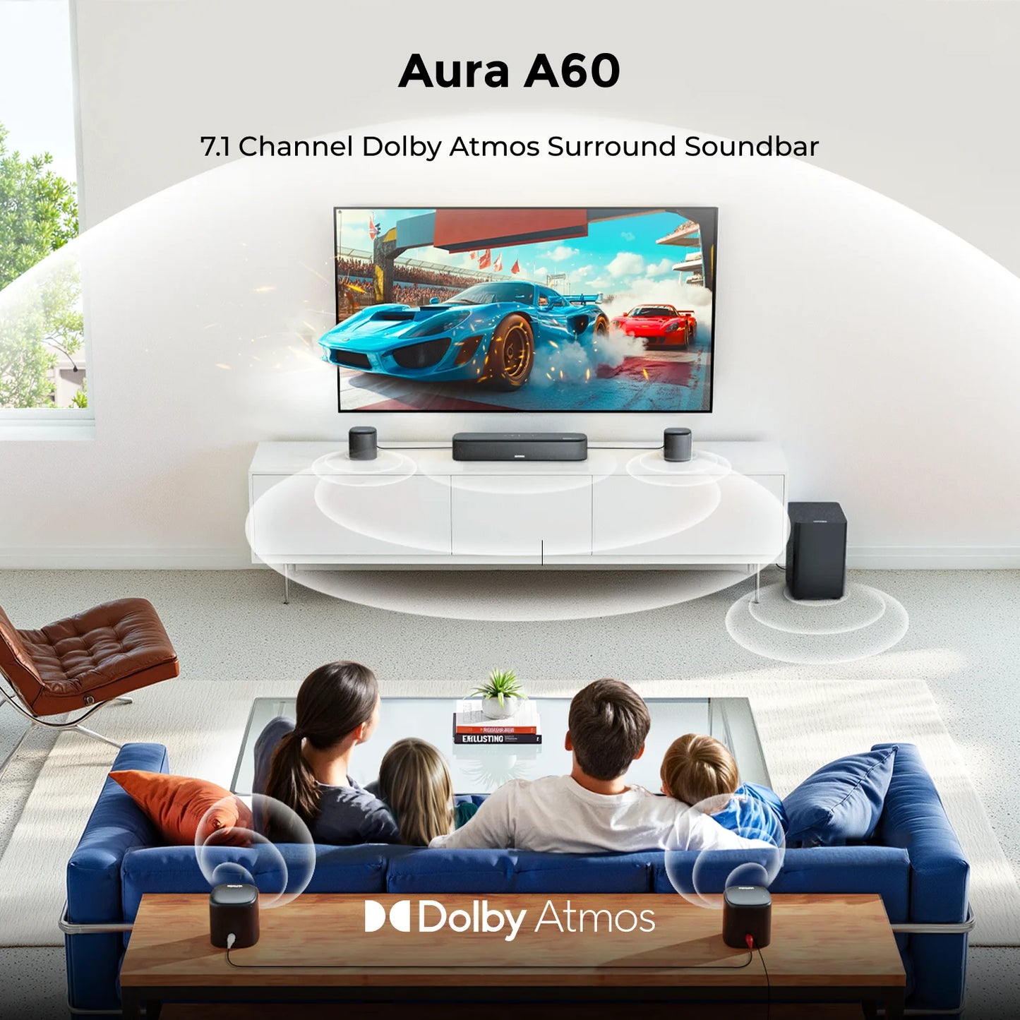 Aura A60 7.1Ch Sound Bar with Dolby Atmos, Surround Sound System for TV with 4 Surround Speakers for Home Theater