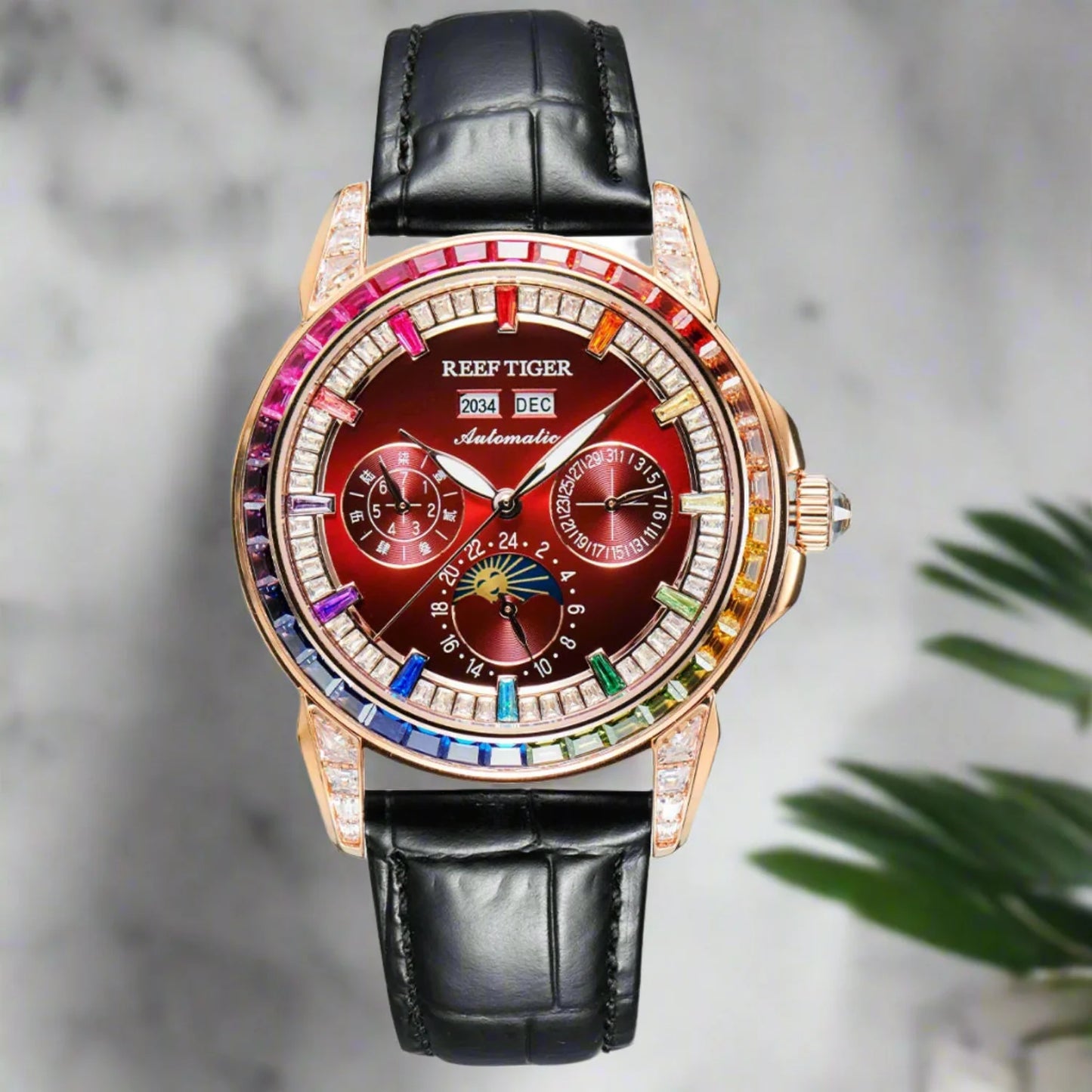 Automatic moonphase  watch by reef tiger diamonds bezel blue dial