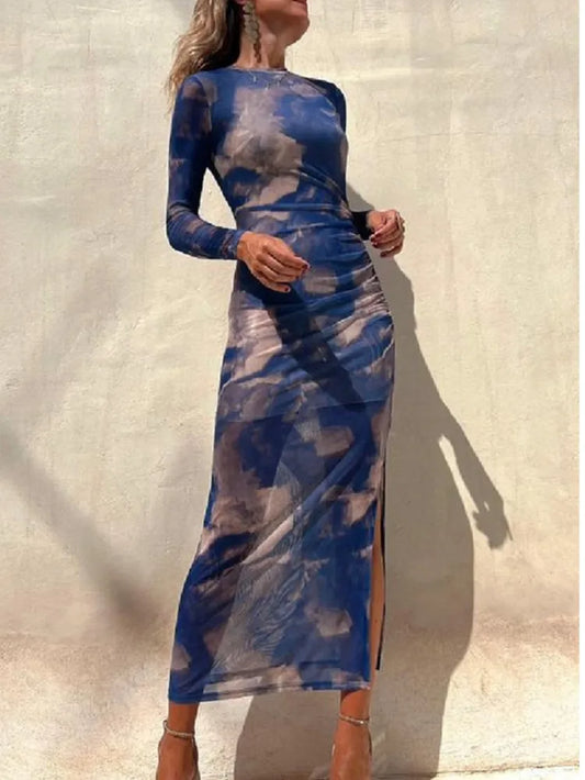Autumn New Mesh Sexy Printed for Women'S Long Sleeved Dresses Simple Lace Fashion Slim Stretch Female Party Nightclub Dress