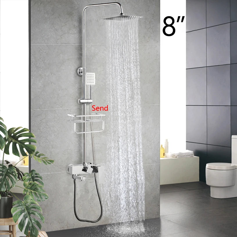 Luxury Chrome Polished Rainfall Wall Mounted Bathroom Shower Faucet Set Adjust Height Handle Shower Mixer Water Tap