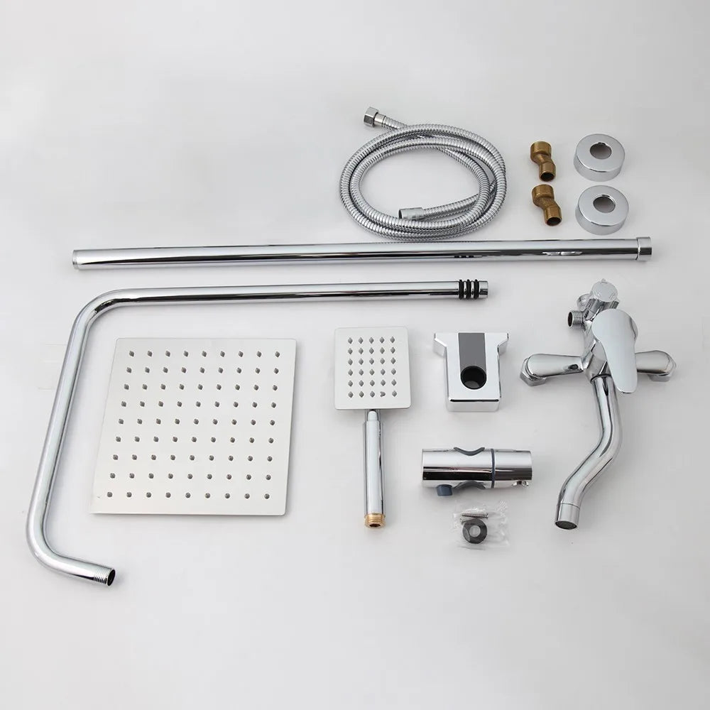 Luxury Chrome Polished Rainfall Wall Mounted Bathroom Shower Faucet Set Adjust Height Handle Shower Mixer Water Tap