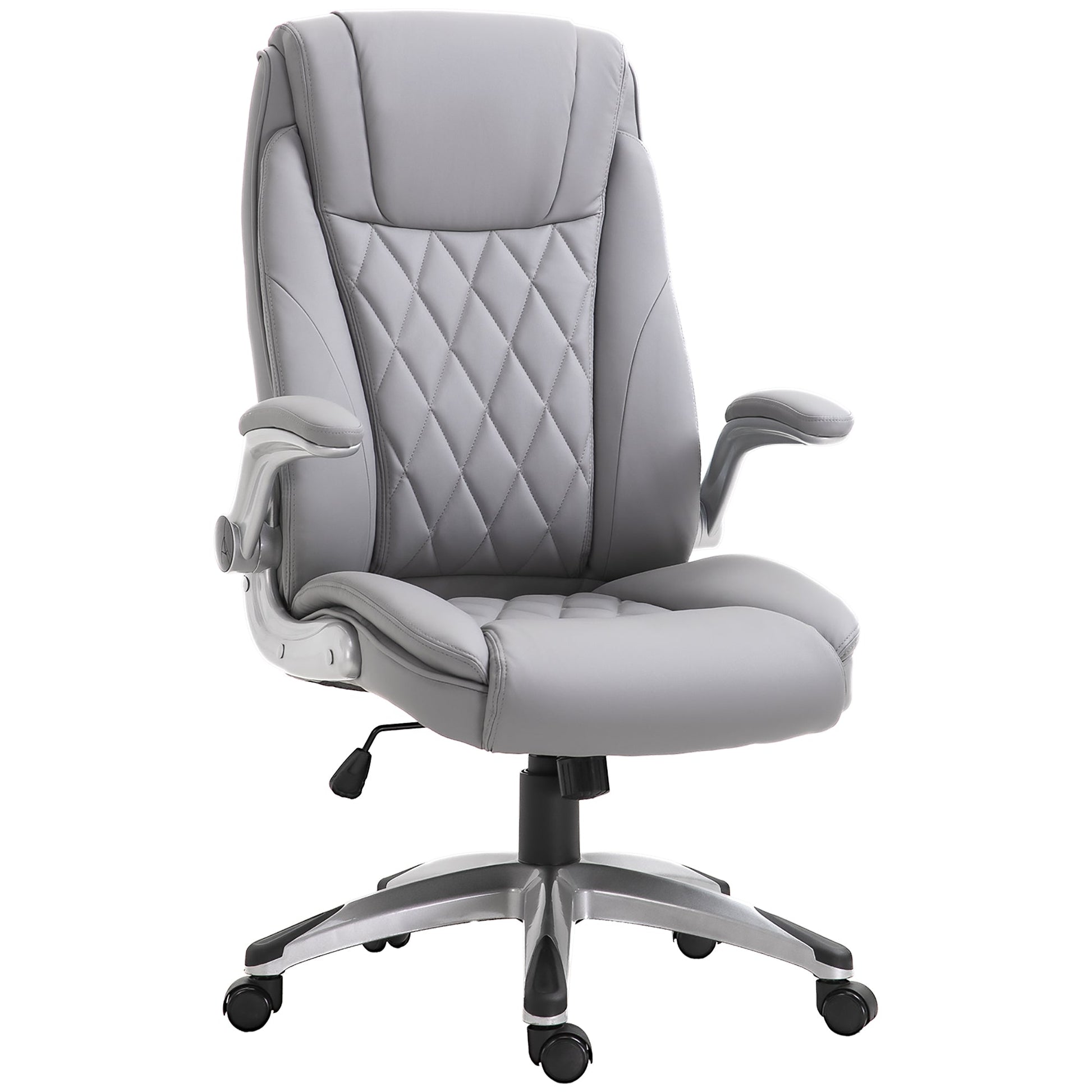High Back Executive Office Chair Home Swivel PU Leather Ergonomic Chair, with Flip-up Arm, Wheels, Adjustable Height, Grey-0