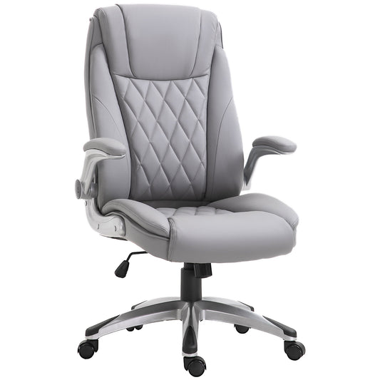 High Back Executive Office Chair Home Swivel PU Leather Ergonomic Chair, with Flip-up Arm, Wheels, Adjustable Height, Grey-0